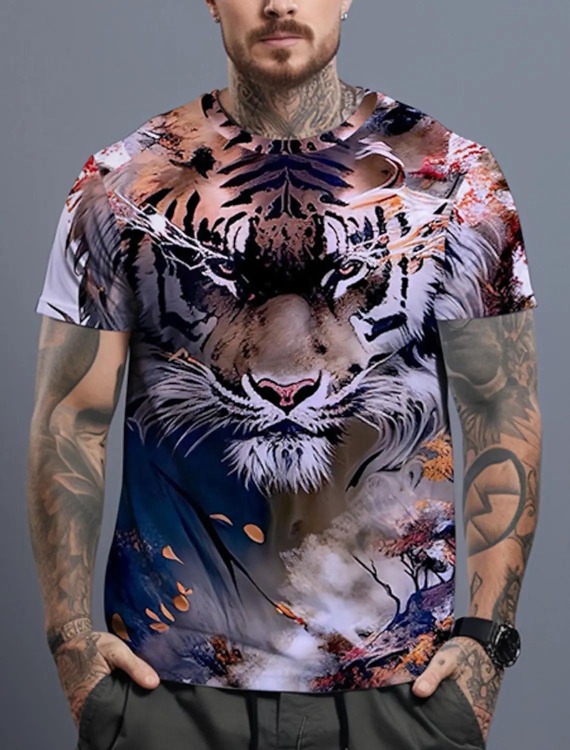 남성용 빈티지 반팔 티셔츠, 동물 호랑이 그래픽, 3D 프린트, 패션 의류, 오버사이즈 티셔츠, 스트리트웨어